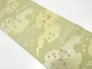 アンティーク　霞に桐・草花模様織り出し袋帯（着用可）